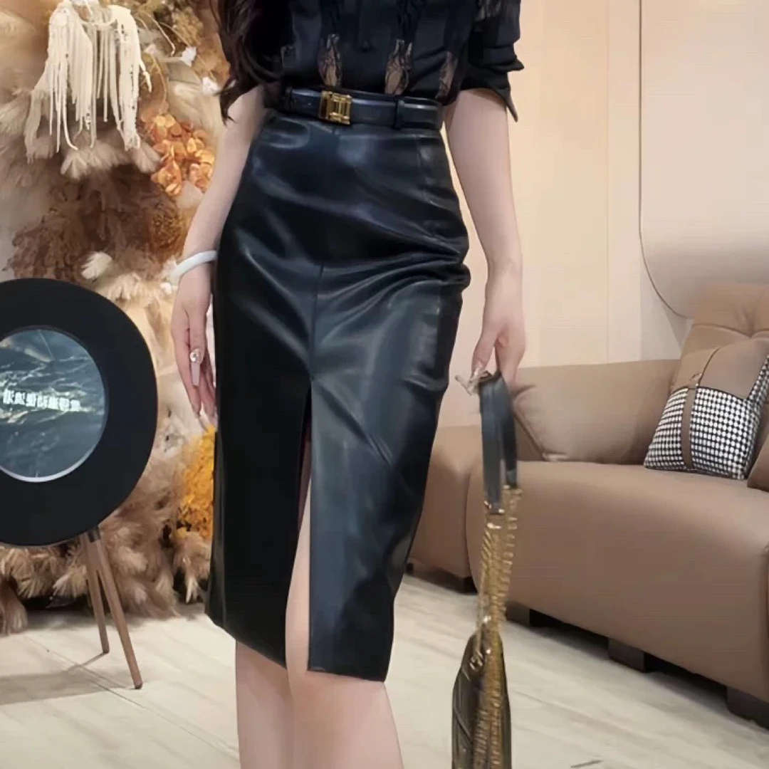 半身裙中裙高腰短裙包臀裙宽松INS风网红系带高级感前面开叉皮裙