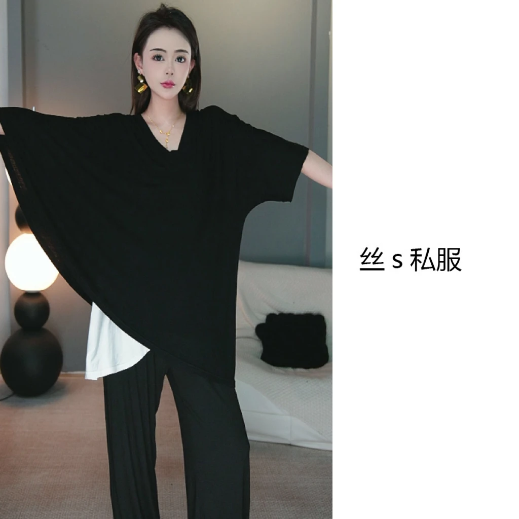 丝s私服【无双】春夏不规则异形蝙蝠袖遮肉显瘦假两件撞色T恤F3690