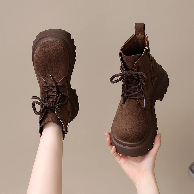 秋冬绒面女系带马丁靴2025新款复古短靴百搭时尚女鞋英伦风时装靴