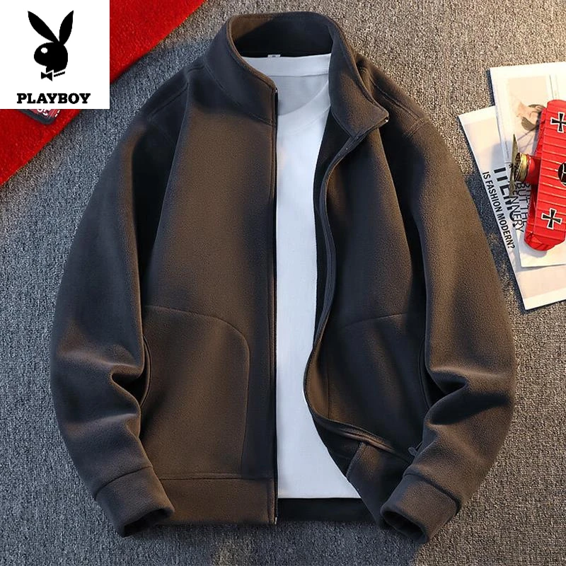 花花公子奥粒绒立领夹克男秋冬款一体绒外套男青少年春季加绒加厚