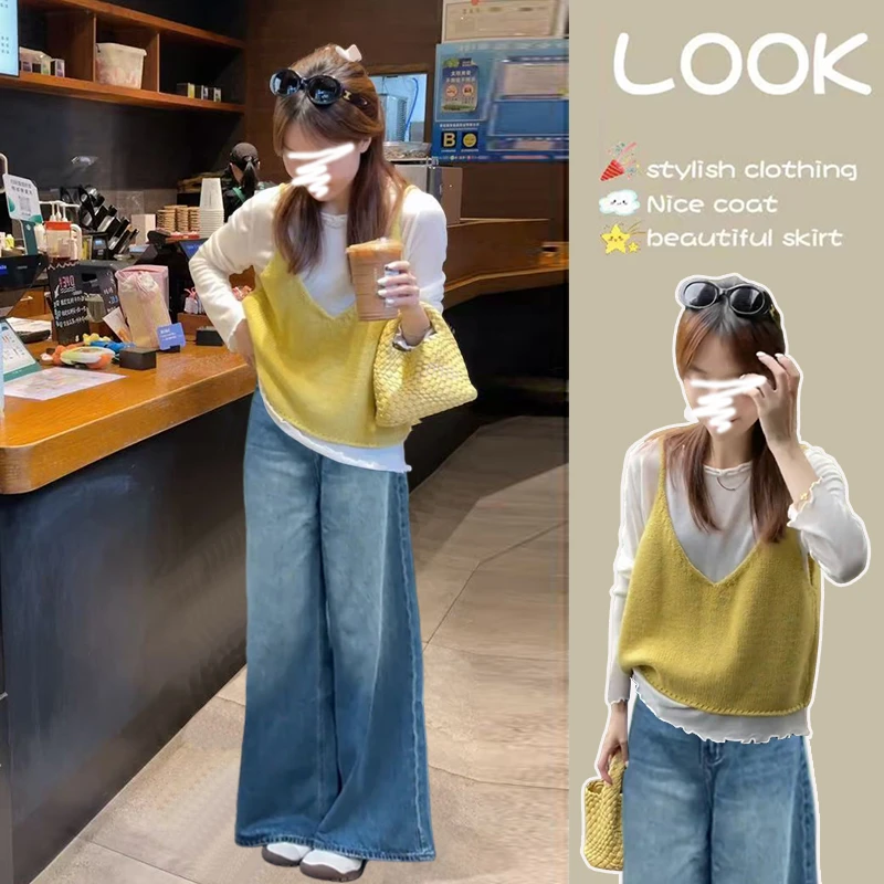 2025早秋穿搭一整套女新款韩版白色打底衫针织马甲牛仔裤三件套装