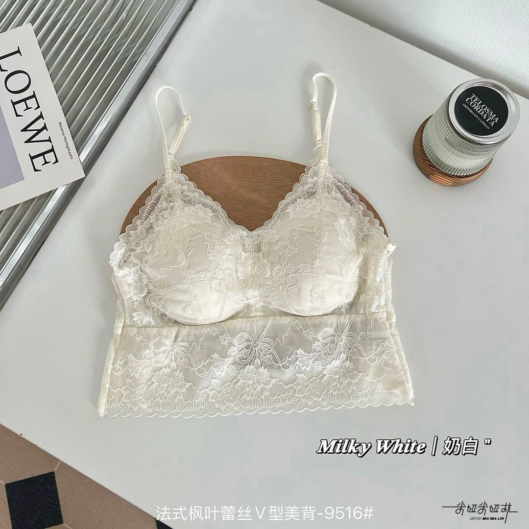 法式枫叶蕾丝V领细肩带美背固定杯后背交叉性感吊带内搭打底夏季