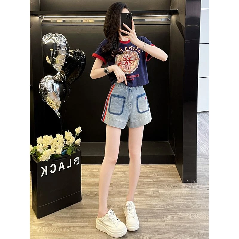 小个子穿搭休闲时尚套装女夏洋气显瘦短款短袖T恤牛仔短裤两件套