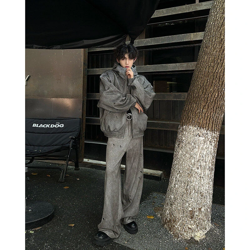 早秋美式小众喷绘连帽卫衣套装男立领夹克做旧运动阔腿长裤两件套