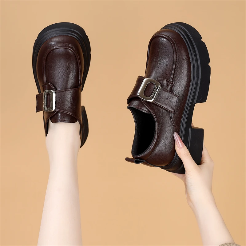 英伦风百搭厚底乐福鞋女2025春秋季新款加绒小皮鞋女黑色增高单鞋