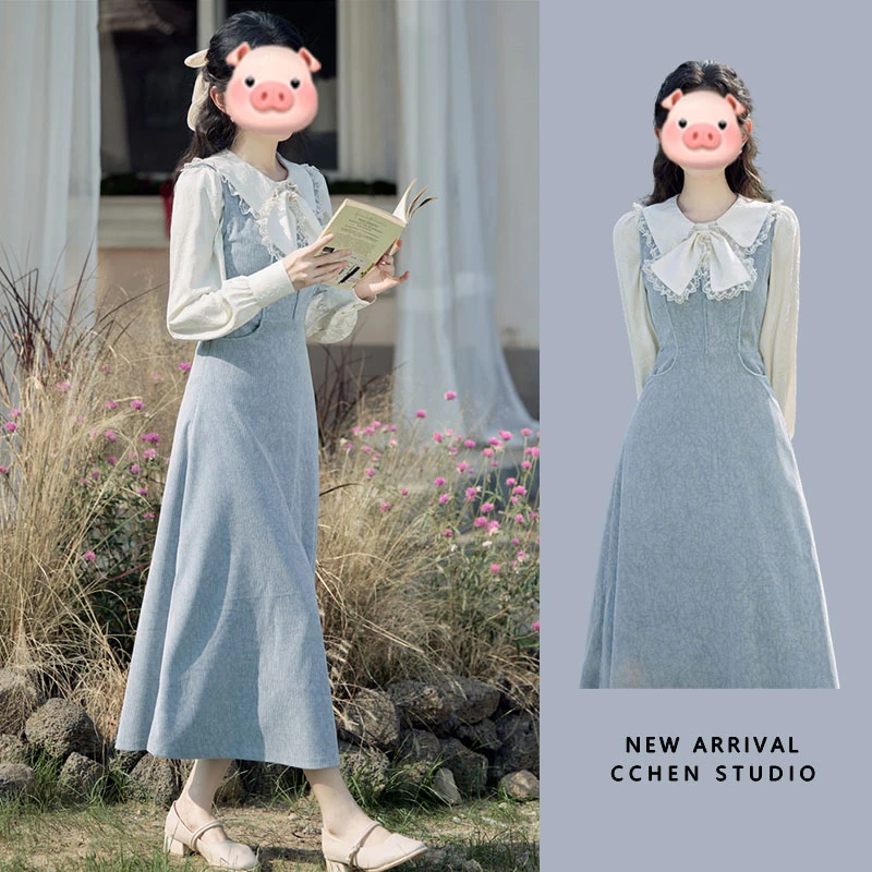 CCHEN STUDIO法式温柔蝴蝶结连衣裙高级感收腰显瘦气质衬衫长裙子