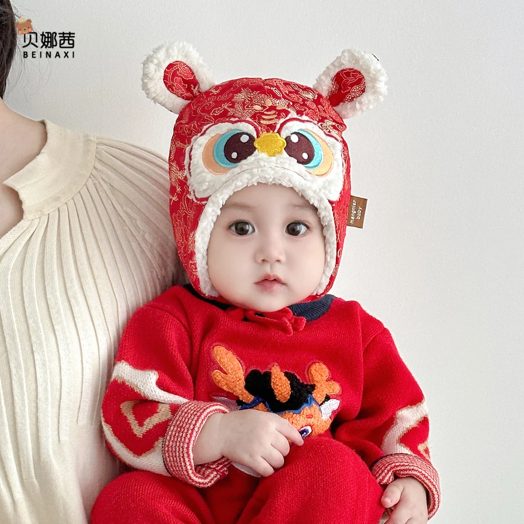 Beinaqian/贝娜茜婴儿帽子秋冬宝宝红色满月婴幼儿过年保暖护耳帽