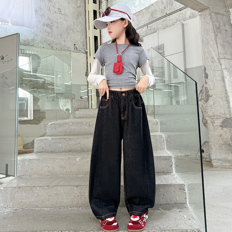 女童裤子春秋季高腰长裤复古直筒洋气牛仔裤中大童弯刀裤休闲长裤