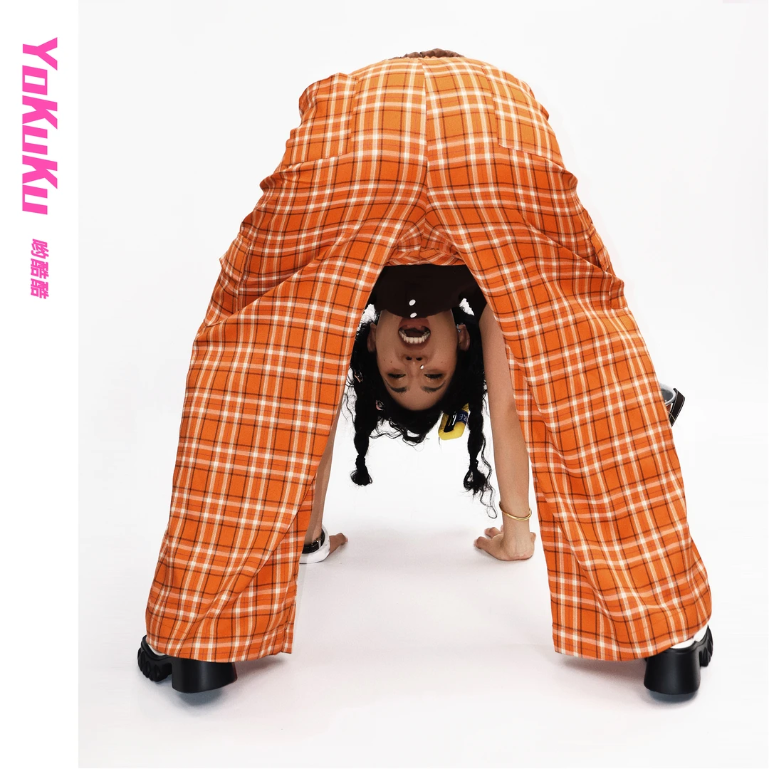 哟酷酷（橙子汽水）撞色腰头定制格纹休闲裤松紧腰垂感百搭直筒长裤