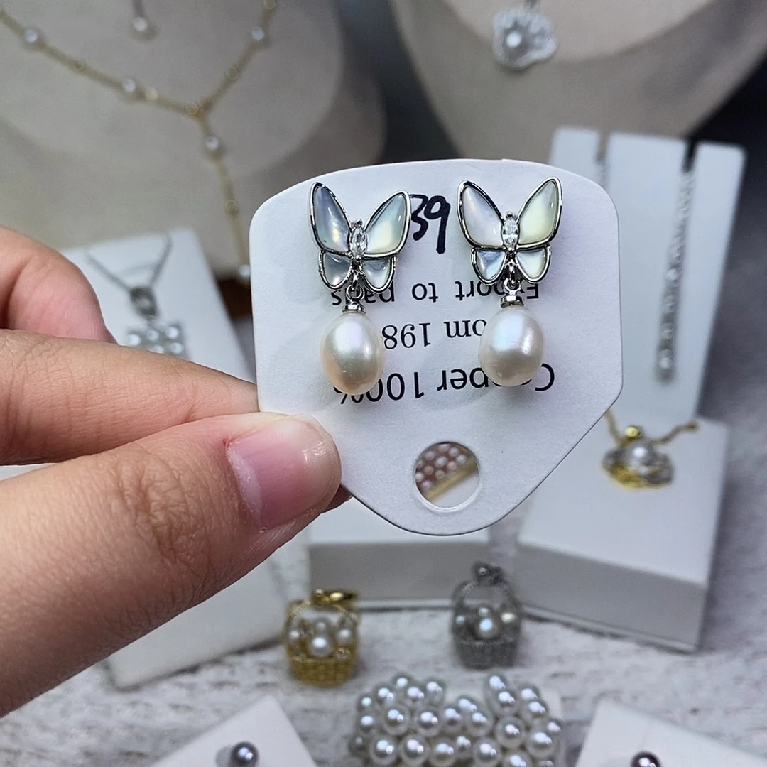 耳饰银S925镶嵌淡水珍珠