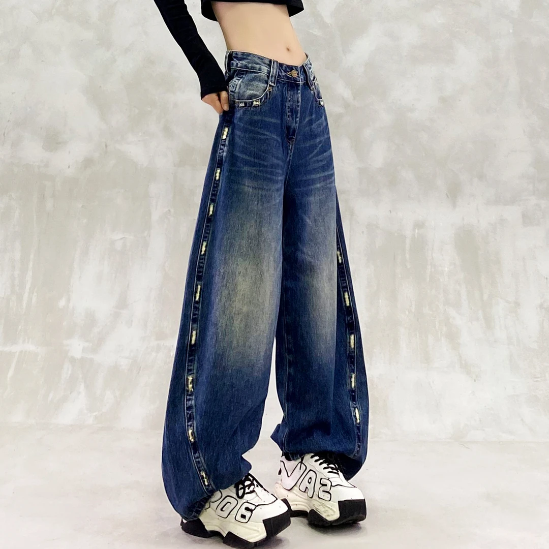 个性拼接设计水洗牛仔镰刀裤女秋新款高腰宽松显瘦百搭直筒香蕉裤