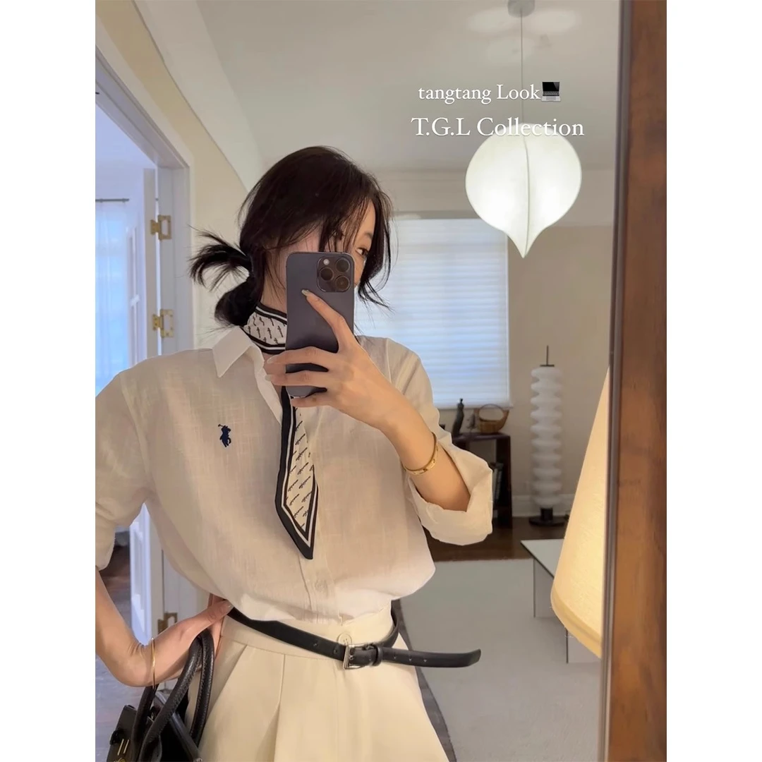 小马刺绣衬衫女2025春夏季新款慵懒风小众减龄长袖宽松休闲上衣