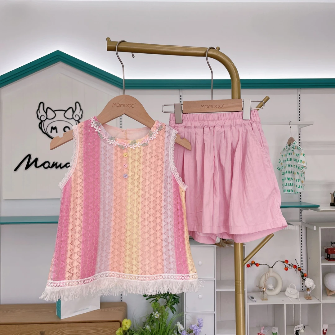 MOMOCO女童夏季时尚拼色百搭花边背心上衣两件套装77630578099