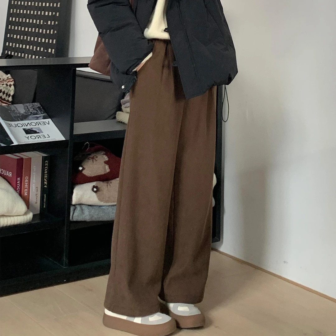 咖色灯芯绒阔腿裤子女秋冬加绒2025新款大码胖mm高腰直筒休闲长裤