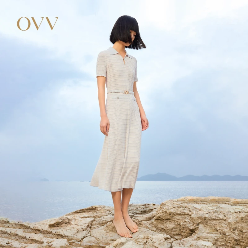 【凉感针织】OVV春夏热卖女装复古翻领短袖弹力连衣裙GQZZJ13013A