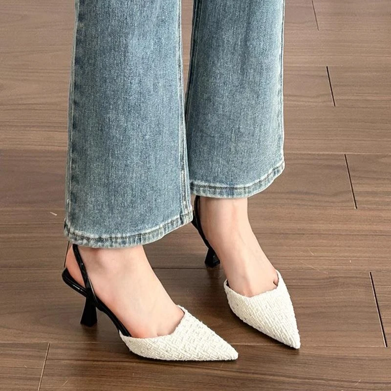 羊皮版~2025春夏季设计感拼色包头凉鞋女气质小众细跟尖头高跟鞋