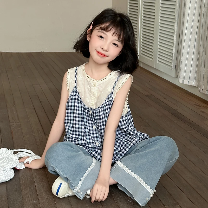 女童夏季套装韩版假两件蕾丝拼接上衣儿童女孩无袖格子背心两件套