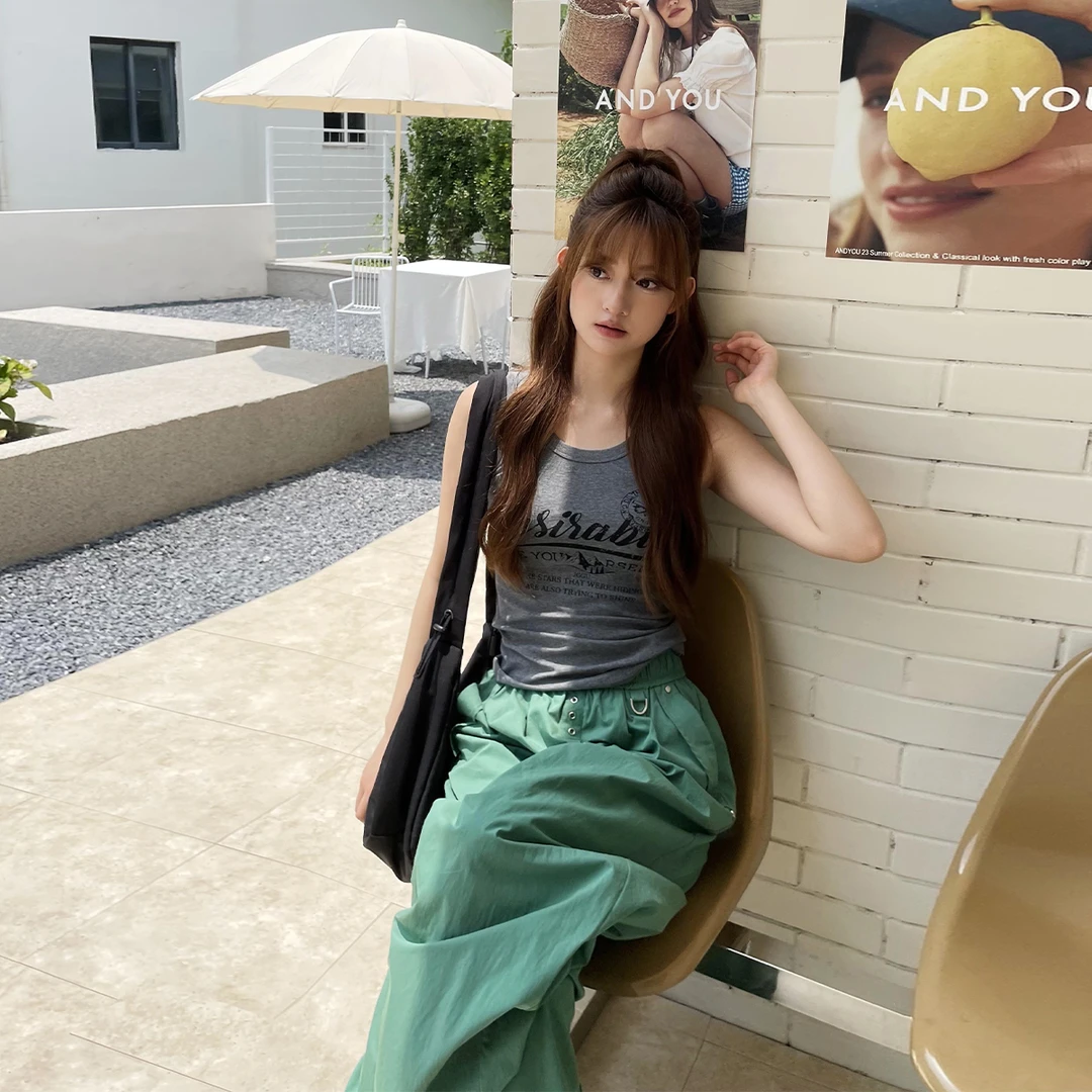 晶咕白标~莫代尔混纺美式字母印花背心女夏季大码弹力修身上衣