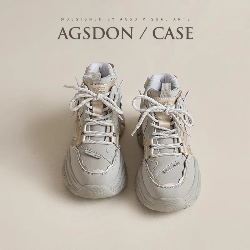 奥古狮登厚底高帮老爹鞋女款2024新款春季爆款增高运动休闲小白鞋