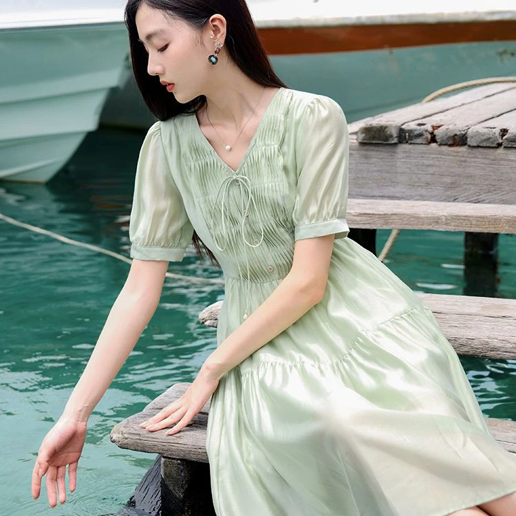 【直播专享】Q842201连衣裙 香影连衣裙女夏季新款风琴褶泡泡袖薄