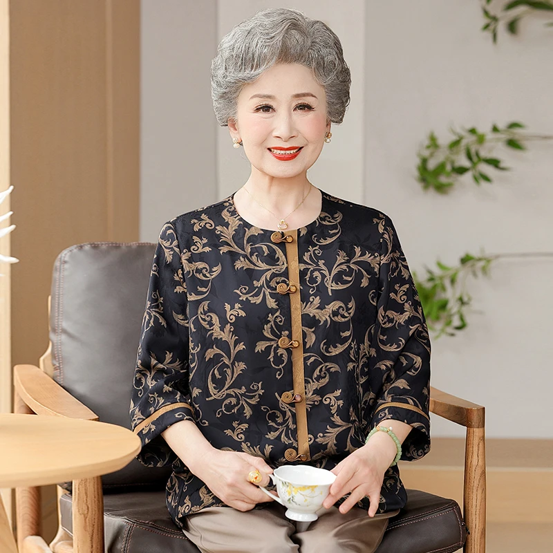 复古妈妈春装半袖衬衫气质老年人女装奶奶开衫夏季大码衬衣上衣服