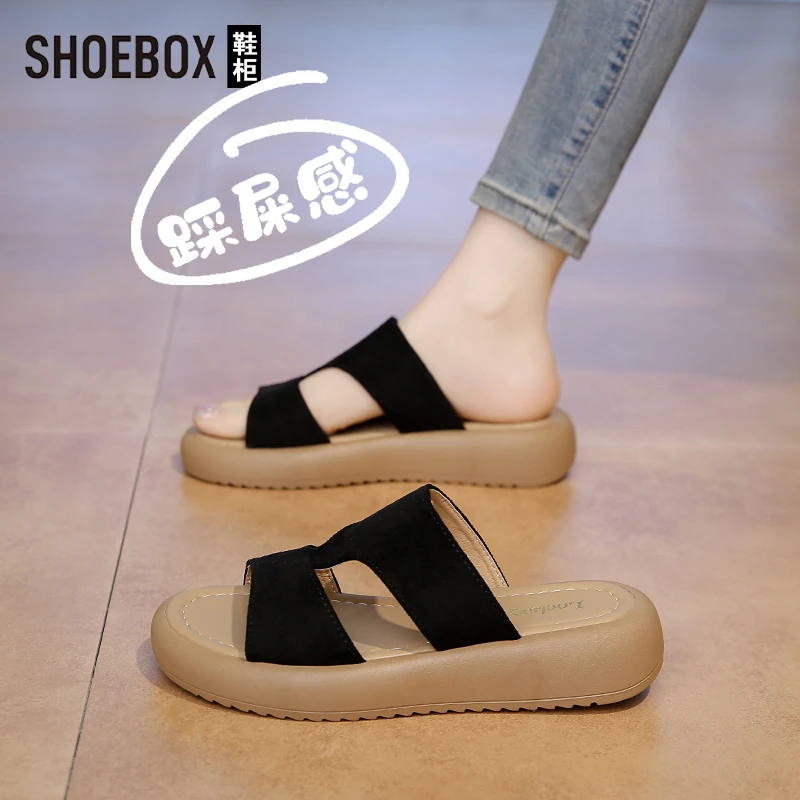 SHOEBOX鞋柜一字凉拖女夏外穿2025款平底时尚显脚小软底沙滩拖