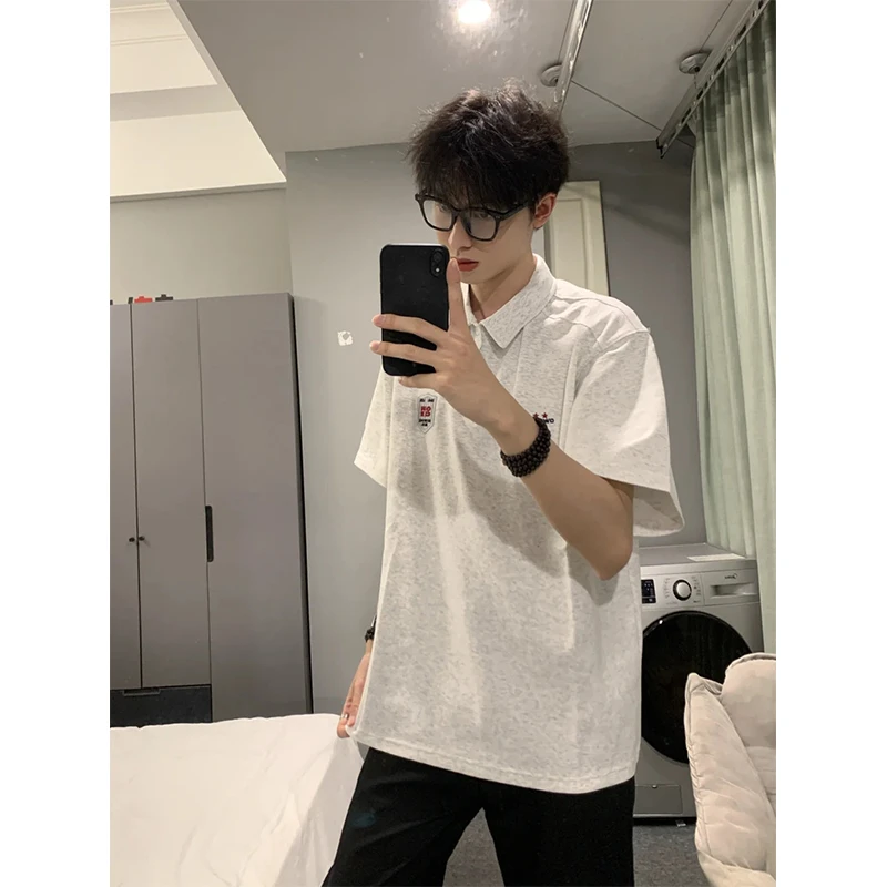 花灰色重磅POLO衫短袖男夏季潮牌痞帅半开衬衫领T恤美式正肩半袖