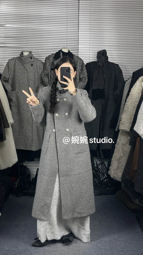 【婉婉studio】高级感气质立领皮卡扣细闪毛呢大衣羽绒内胆西装外套