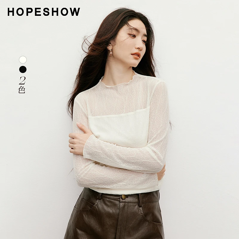 红袖2025秋女装 蕾丝提花拼接木耳边正肩长袖立领上衣90125320203