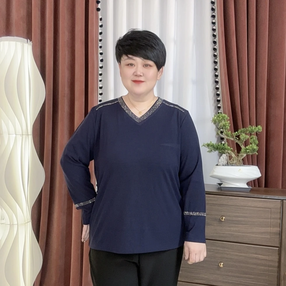 秋季新款3191大码女装V领长袖中式春秋时尚宽松纯色休闲打底衫