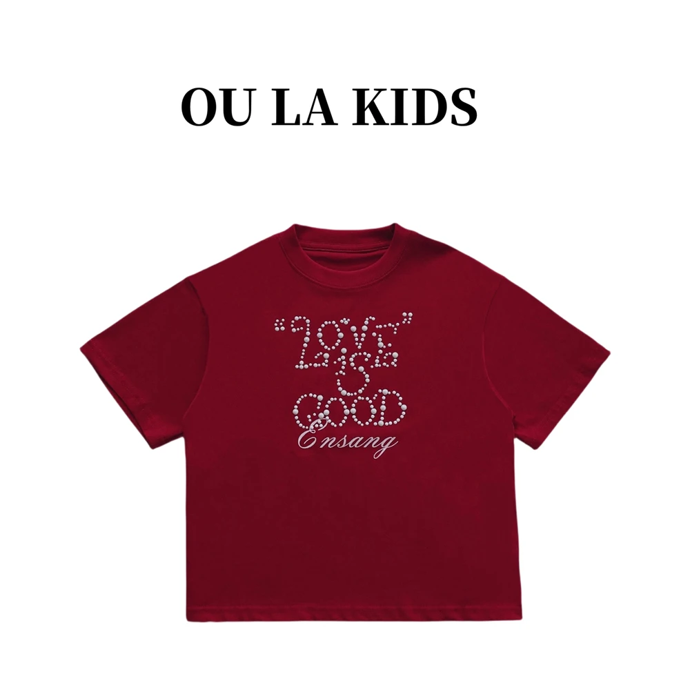 22025夏季新品女童欧版珍珠短袖时尚轻奢休闲宽松短袖T恤22013