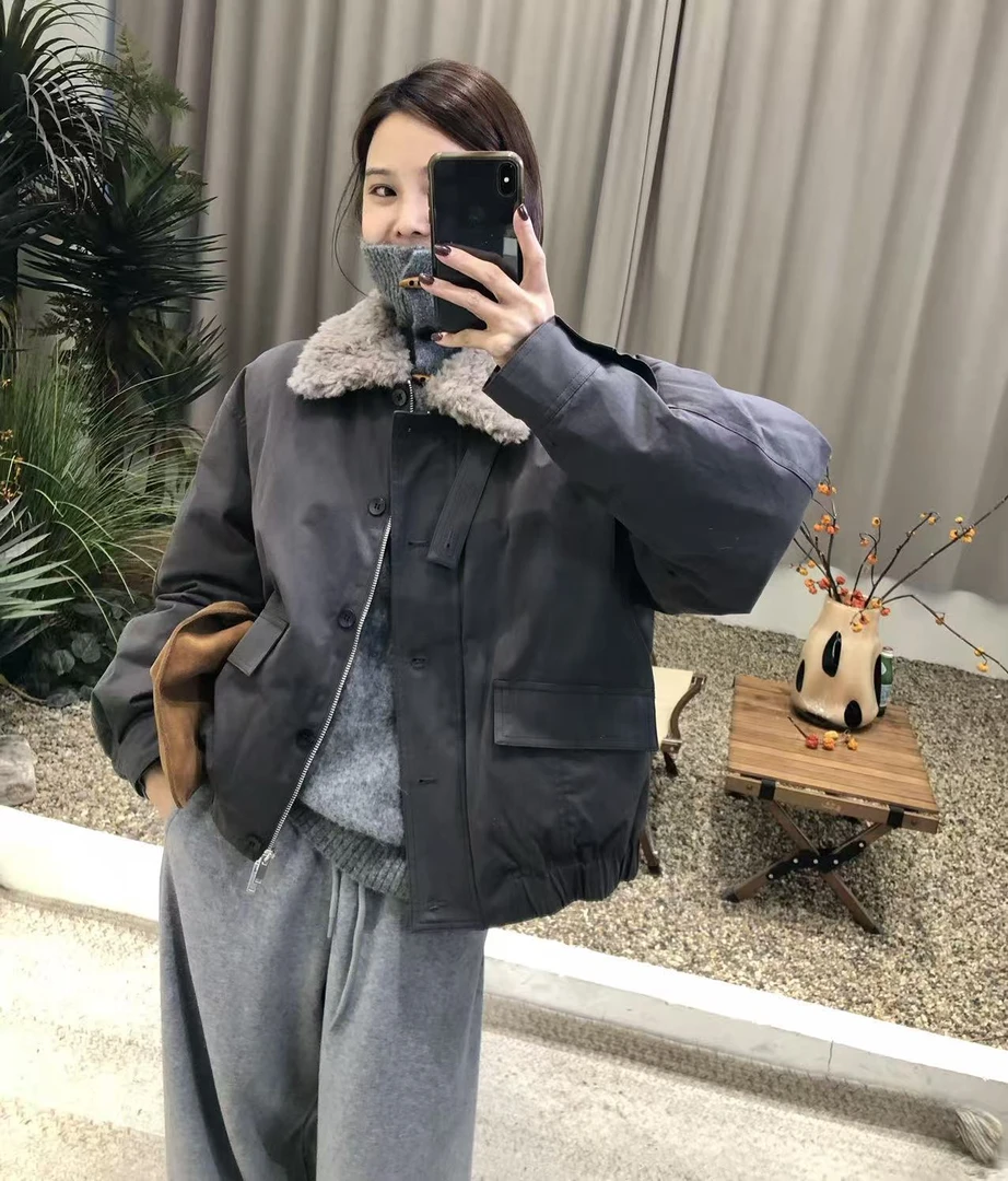 艺术微醺 羊毛毛领工装鹅绒时尚灰绿色显瘦飞行服外套女短款冬