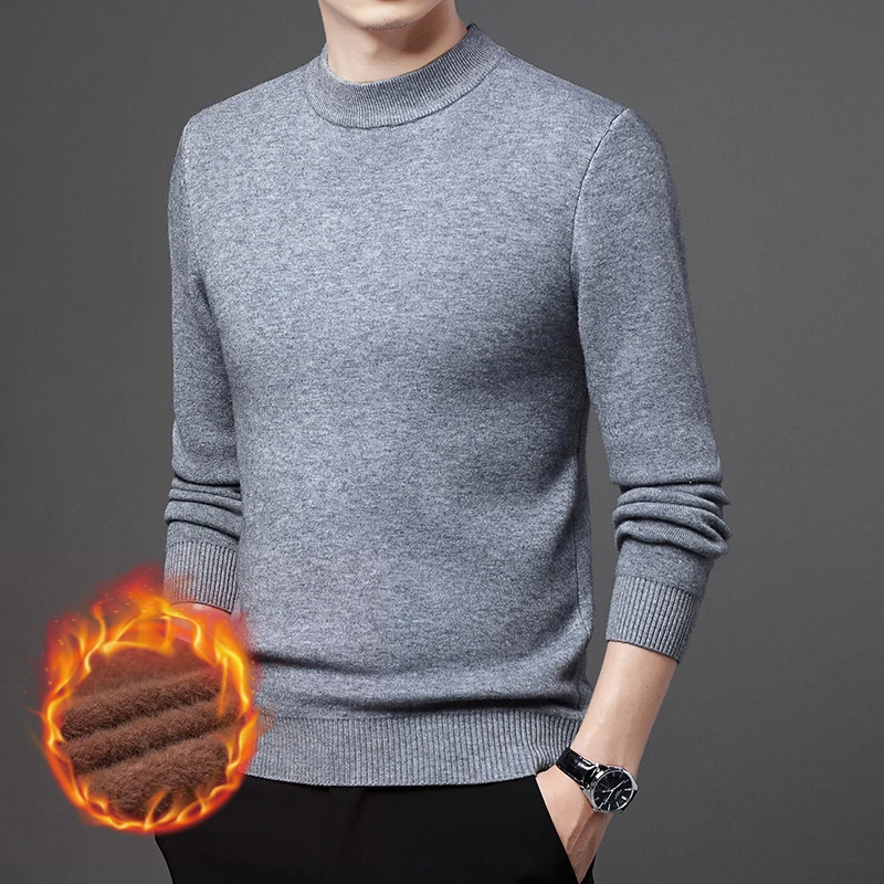 一体绒精纺羊毛衫加绒加厚男士冬季纯色半高领保暖针织打底
