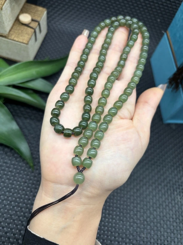 福利天然和田玉湖水绿直切桶珠7mm玉石挂坠绳毛衣链项链时尚百搭