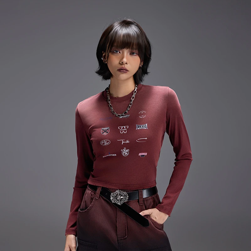 美式紧身辣妹短款长袖T恤女早秋做旧显瘦跳舞内搭打底衫Q52272
