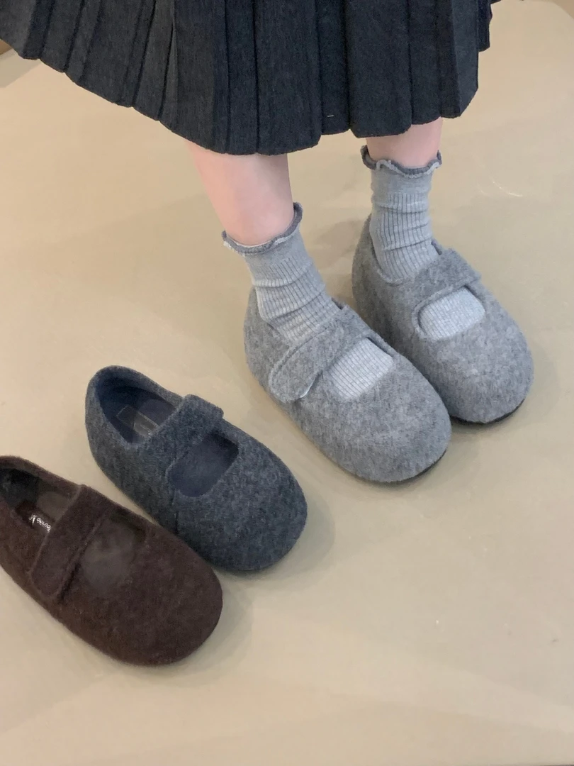 MRL-0330-8厚底5CM森女复古毛呢灰色大头丑萌保暖毛毛鞋勃肯棉鞋