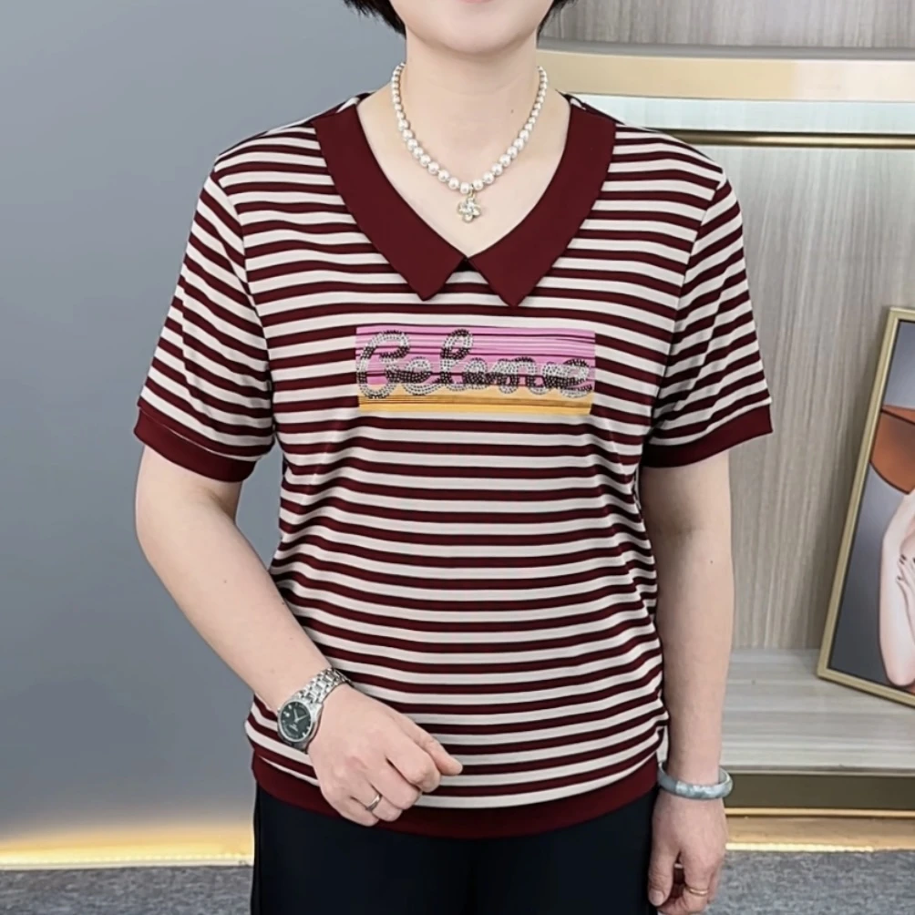 夏季新款时尚娃娃领条纹烫钻气质妈妈装休闲百搭显瘦短袖上衣H532