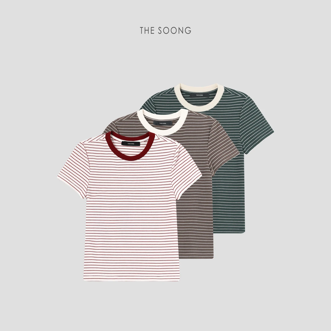 THESOONG|"动态条纹"经典凉意呼吸感撞色条纹圆领T恤上衣HBTX5364