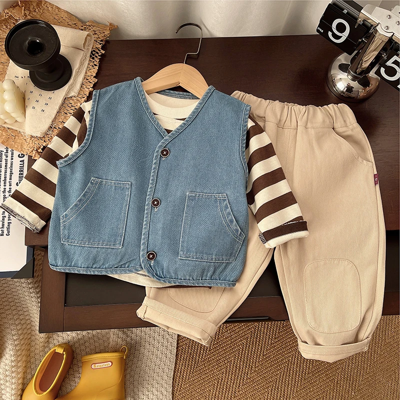 男童套装春装新款帅气宝宝牛仔马甲裤子春秋季潮酷小少爷儿童衬衫