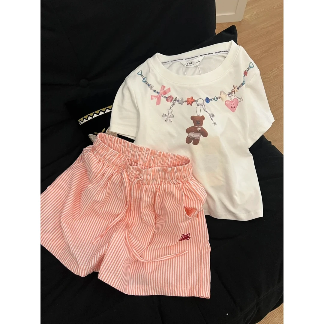 【项链小熊】可爱卡通睡衣女春夏季新款修身显瘦短袖短裤套装家居服