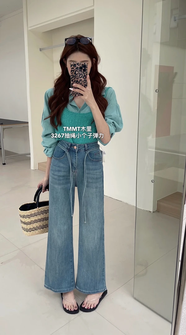 3267 韩系百搭抽绳九分微喇牛仔裤 （裤长96左右）