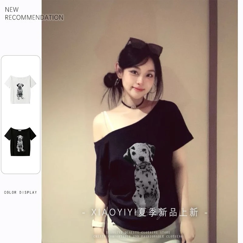 夏日上新斑点狗印花斜肩领短袖t恤宽松黑色洋气衣服女装#T022293