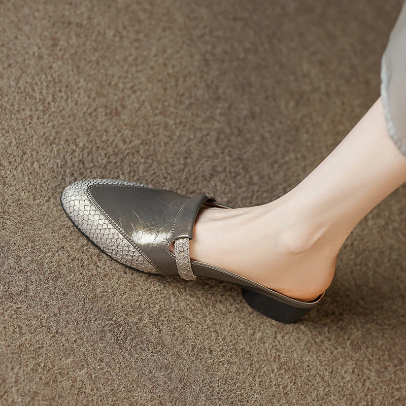 3cm/牛皮+鱼皮/真皮软底软面包头皮拖鞋女春夏新款法式半拖鞋女40