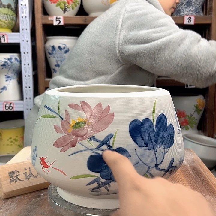 陶高18口23青花荷花陶瓷