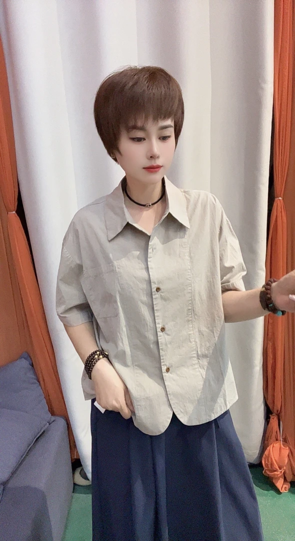 夏季新款简约率性文艺休闲短袖衬衫