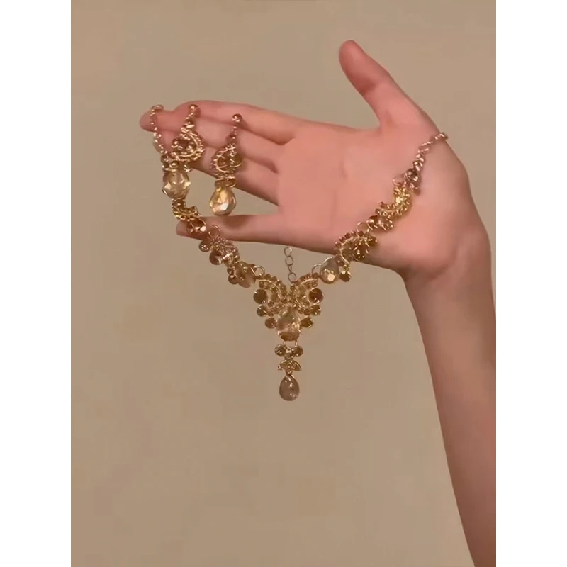 合金锆石项链 欧美夸张香槟色水滴流苏闪钻项链耳环女新娘法式
