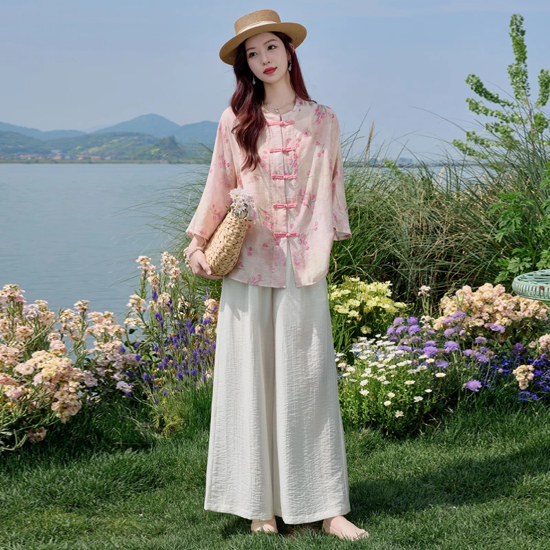 新中式国风唐装气质减龄套装女2025夏季新款显瘦直筒阔腿裤三件套