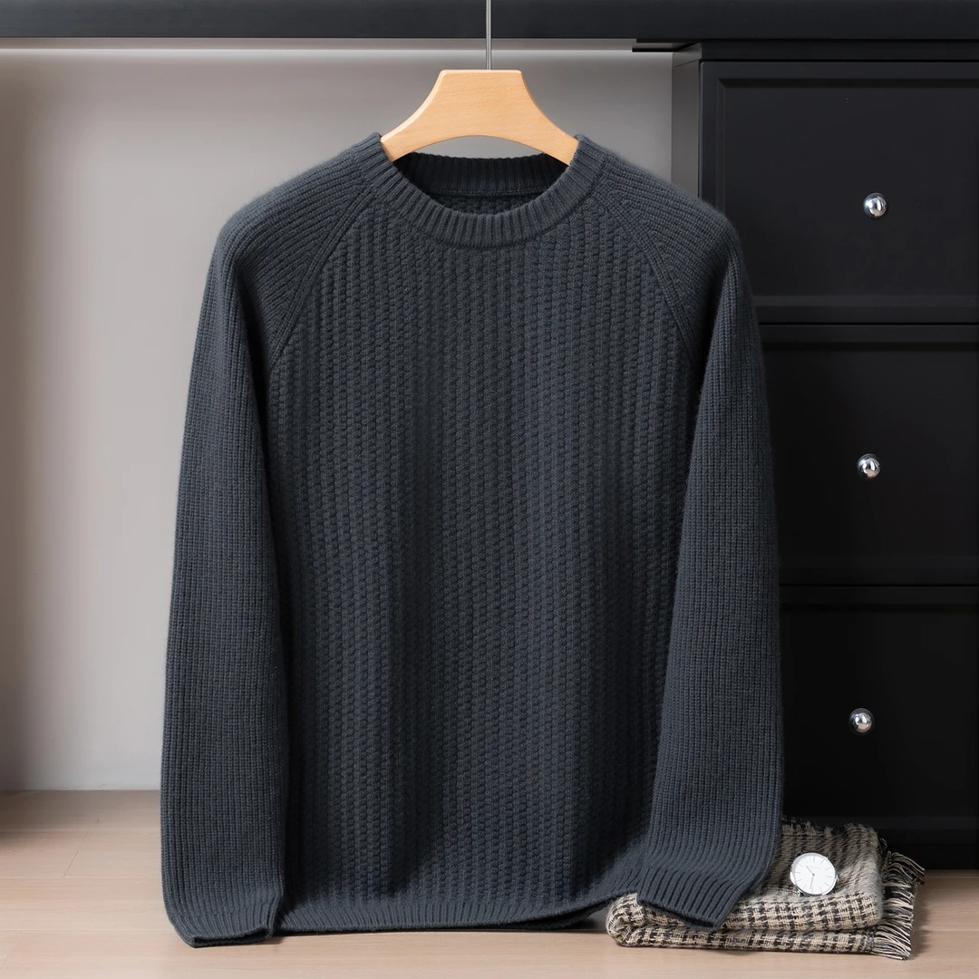 男士圆领厚款针织重磅羊绒套衫秋冬条纹绒衫美式韩系长袖休闲加厚