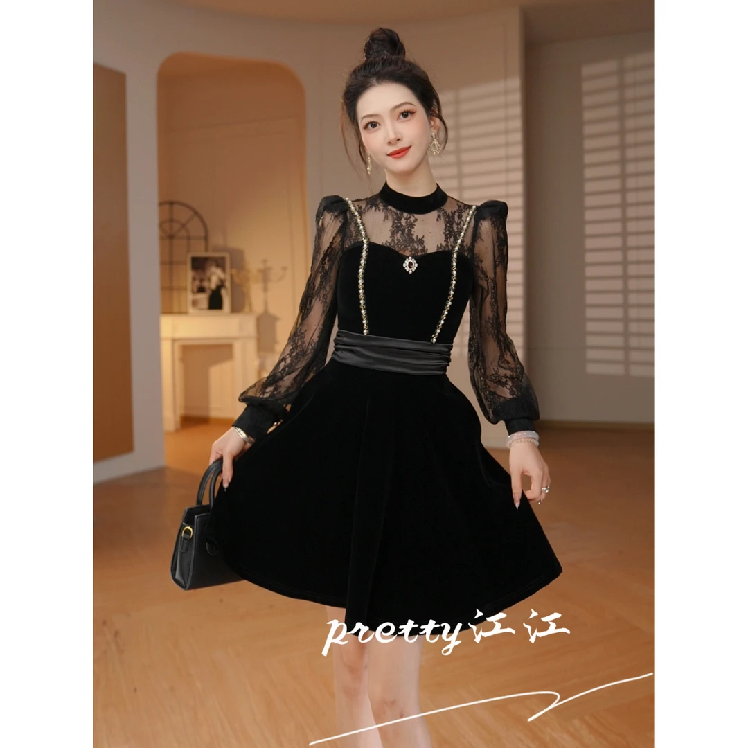 Pretty小众设计师品牌江江定制 蕾丝拼接小众轻奢连衣裙21941