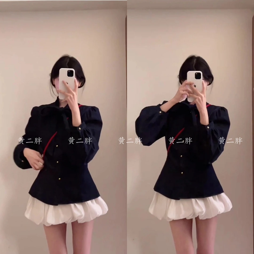 2025法式千金穿搭高级感减龄蓝色蝴蝶结牛仔衬衫女花苞半身裙套装